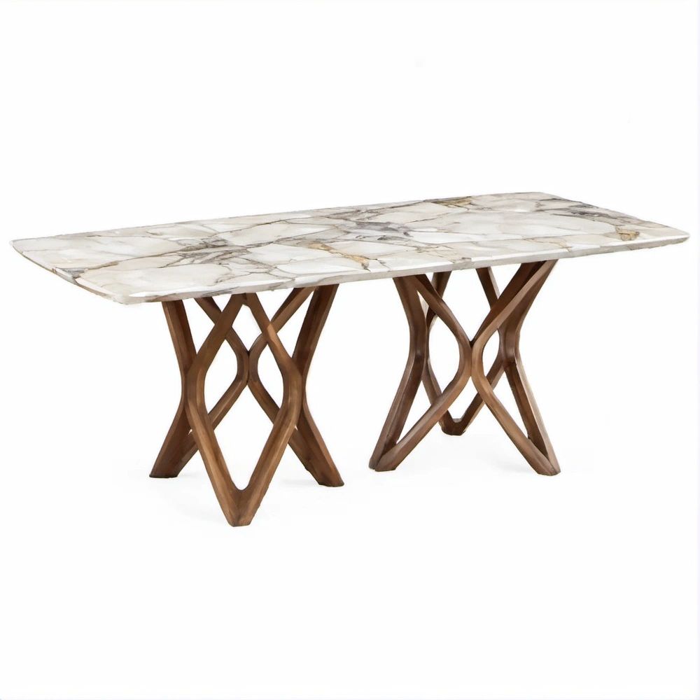 Tavolo da pranzo rettangolare in marmo bianco e legno massello di noce, 180 x 90 x 76 cm