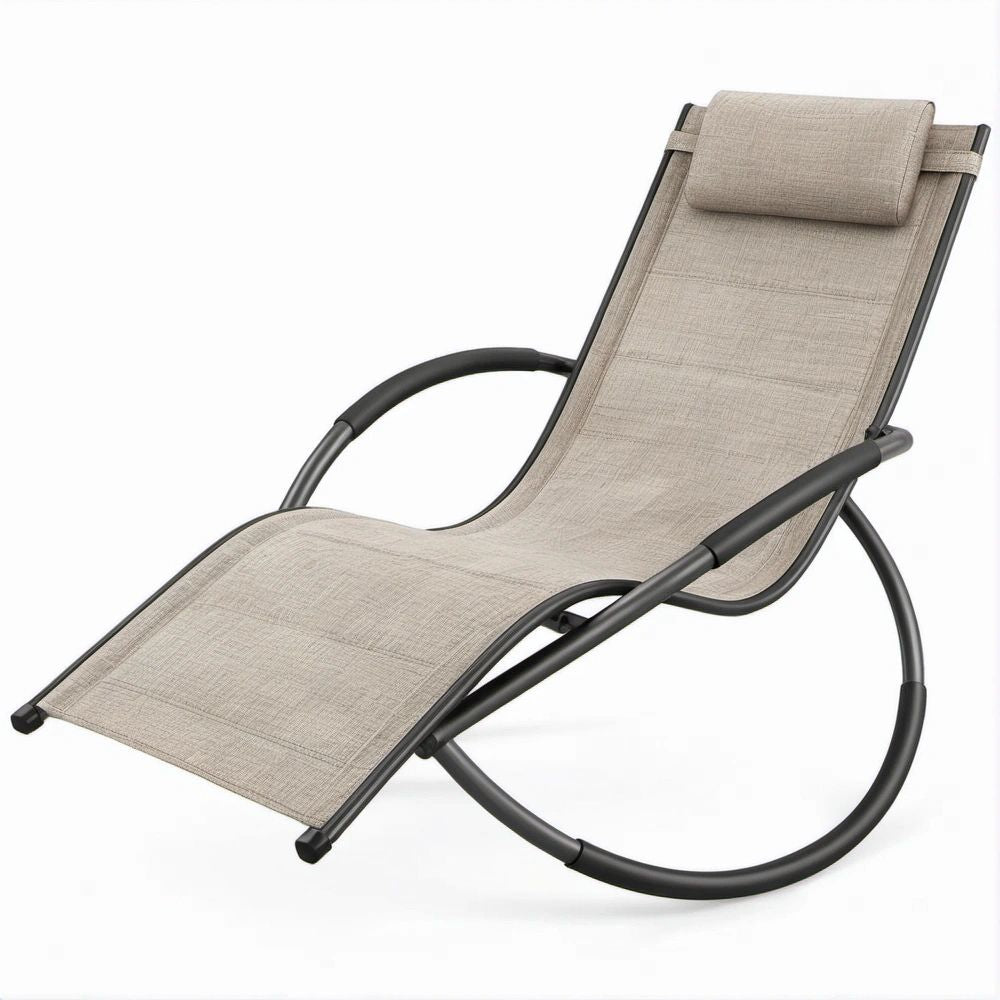 Sdraio a dondolo reclinabile con poggiatesta in acciaio e textilene, 100 x 65 x 95 cm, Beige/Nero