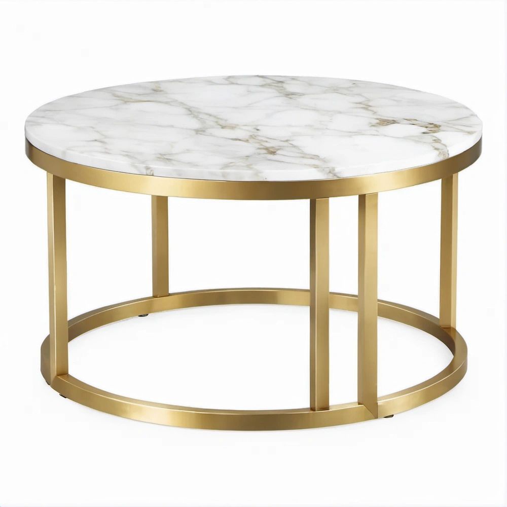 Tavolino Rotondo Effetto Marmo Bianco con Struttura Oro Ø80 x 45 cm