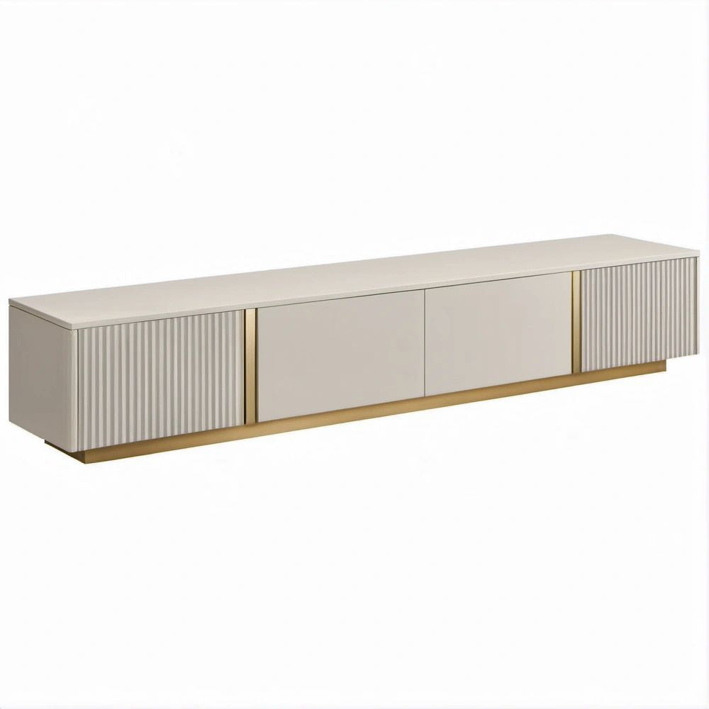 Mobile TV Basso Beige e Oro in MDF Laccato, 4 Ante, 200 x 40 x 45 cm