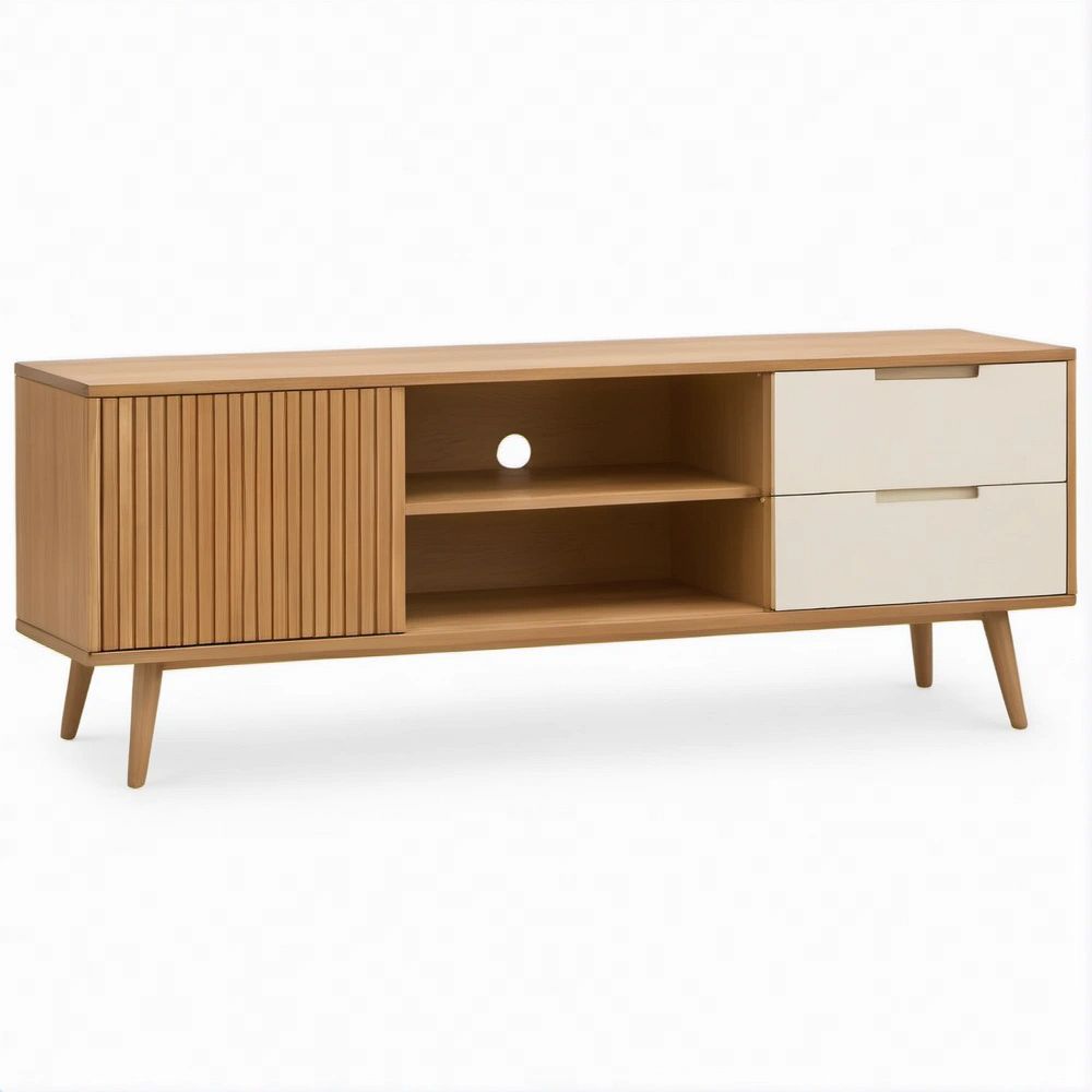 Mobile TV in MDF rovere e crema 140 x 40 x 60 cm con 2 cassetti e vano passacavi