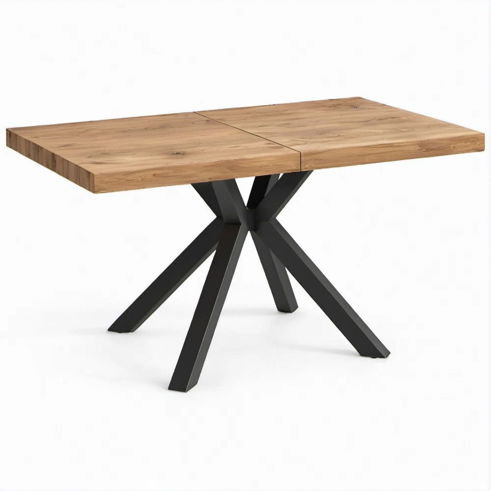 Tavolo da pranzo rettangolare allungabile in rovere massello e acciaio nero, 160-200 x 90 x 76 cm