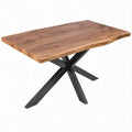 Tavolo da pranzo rettangolare in legno massello di acacia marrone con gambe a X in acciaio nero, 180 x 90 x 75 cm