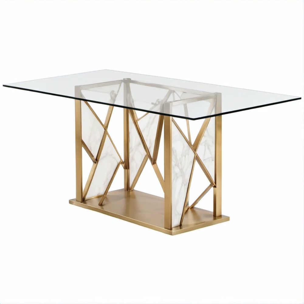 Tavolo da pranzo rettangolare 180 x 90 x 75 cm in vetro temperato trasparente, bianco e oro