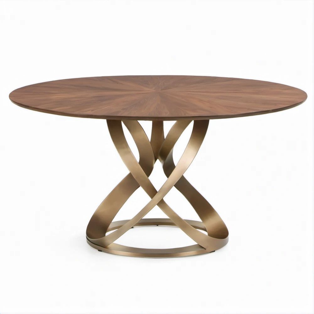 Tavolo da pranzo rotondo in noce e acciaio inox dorato Ø120 x 75 cm