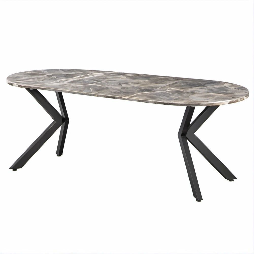 Tavolo da pranzo ovale effetto marmo grigio e nero in MDF e acciaio, 180 x 90 x 75 cm