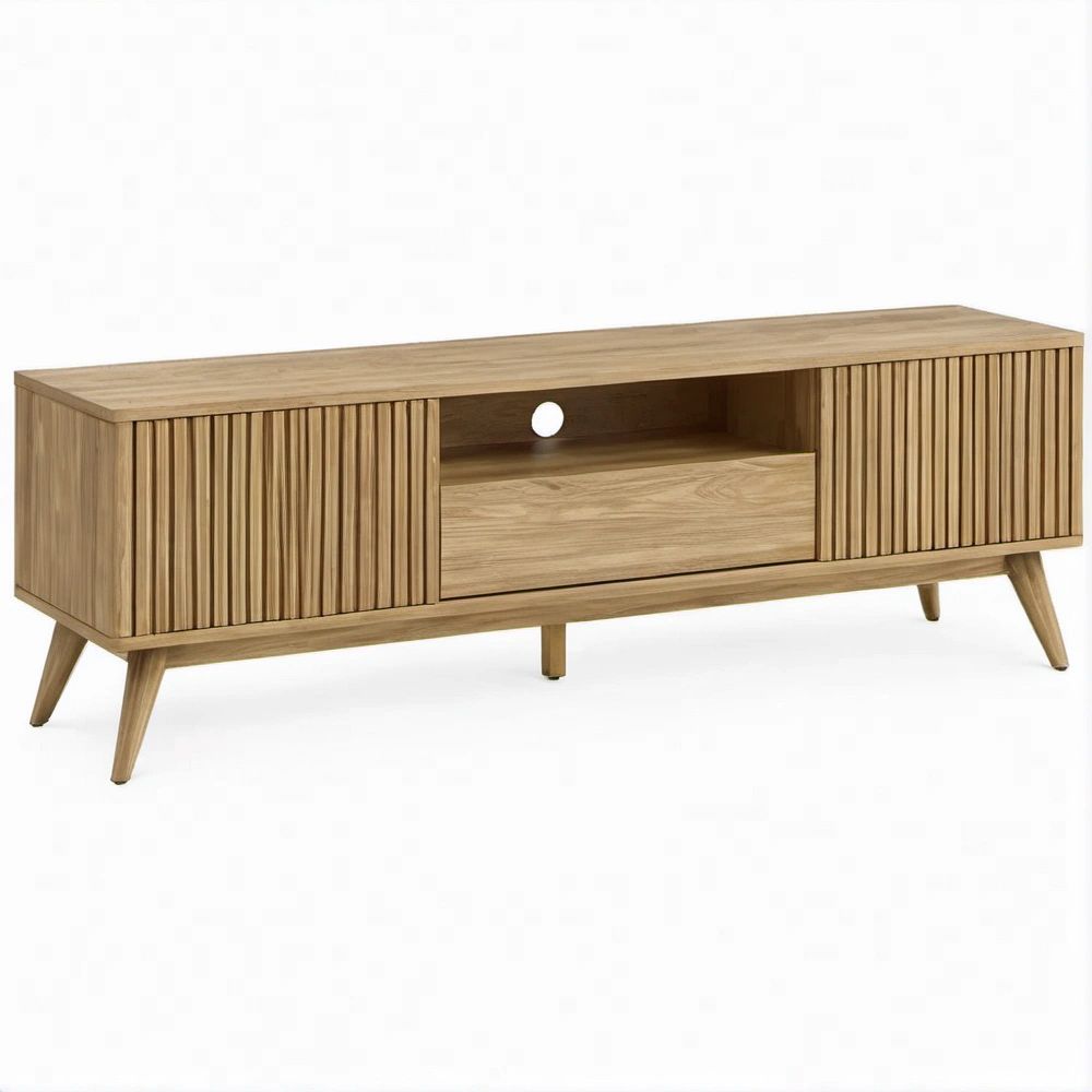 Mobile TV in Rovere Naturale con Ante Scanalate e Vano Passacavi, 160 x 40 x 55 cm