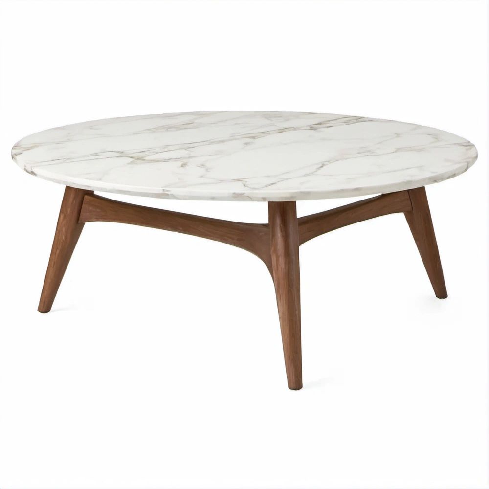 Tavolino da salotto rotondo effetto marmo bianco con gambe color noce, Ø 100 x 45 cm