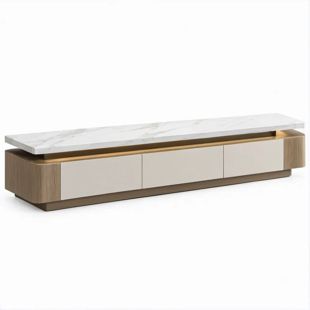Mobile TV contemporaneo 200 x 40 x 50 cm bianco, rovere naturale e bronzo con piano effetto marmo