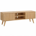 Mobile TV in MDF impiallacciato rovere con ante scorrevoli, 2 ripiani e passacavi, 140 x 40 x 55 cm, Rovere Naturale