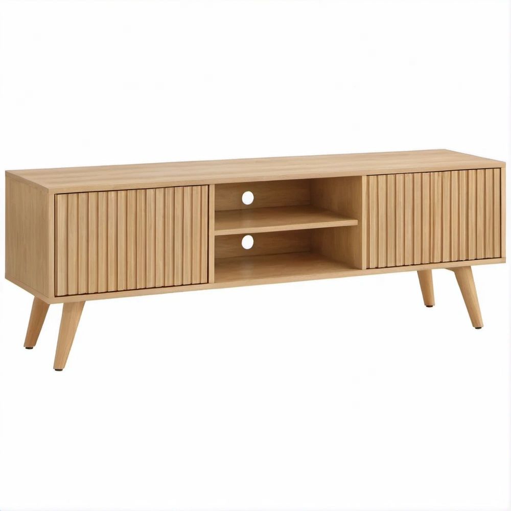 Mobile TV in MDF impiallacciato rovere con ante scorrevoli, 2 ripiani e passacavi, 140 x 40 x 55 cm, Rovere Naturale