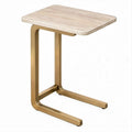 Tavolino laterale a C con piano in travertino beige e struttura oro, 40 x 40 x 60 cm