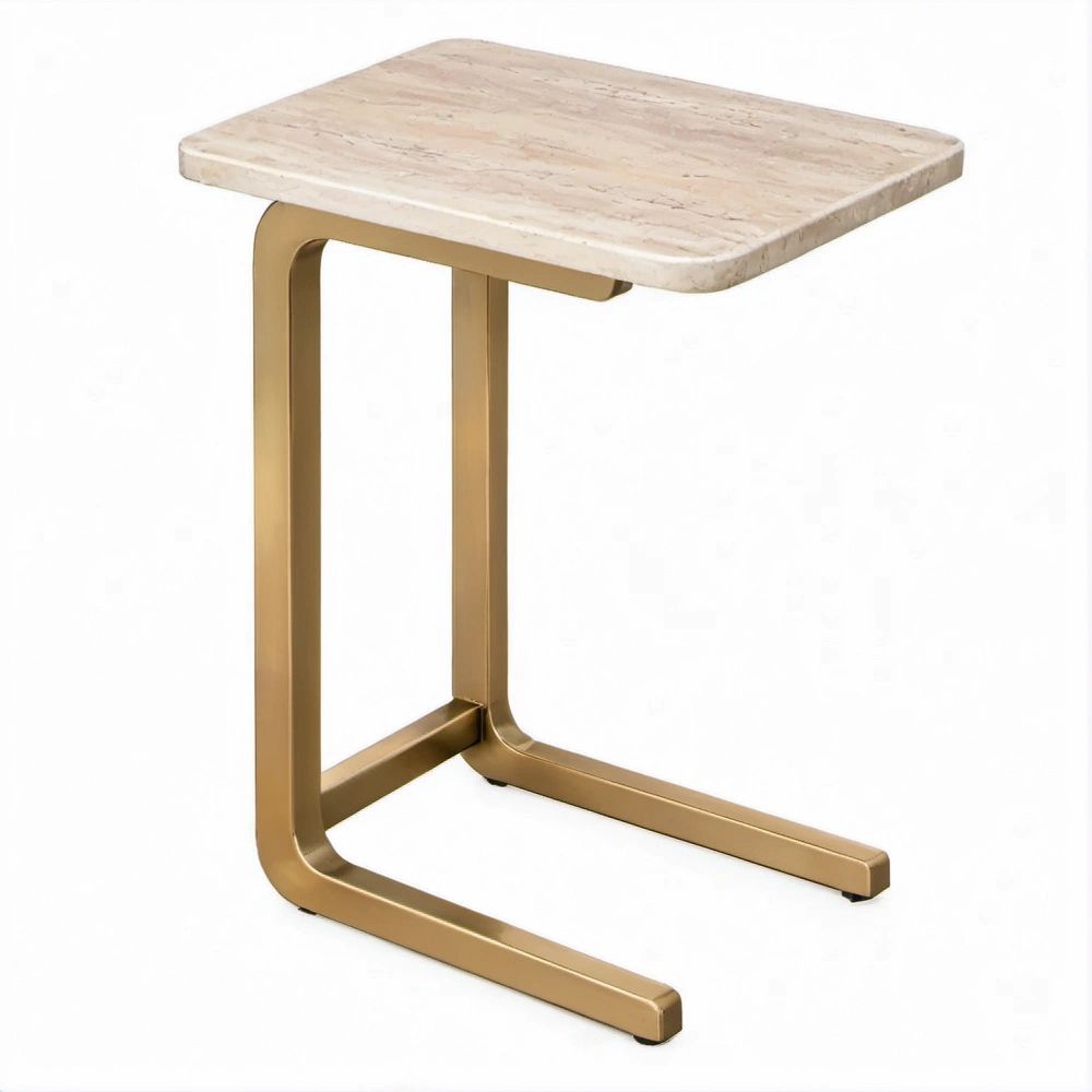 Tavolino laterale a C con piano in travertino beige e struttura oro, 40 x 40 x 60 cm