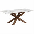 Tavolo da pranzo rettangolare 180 x 90 x 75 cm bianco effetto marmo con base in legno massello di noce scuro