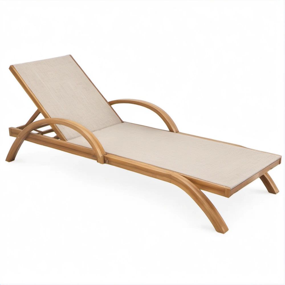 Lettino prendisole reclinabile curvo in acacia naturale e textilene beige, 200 x 65 x 35 cm